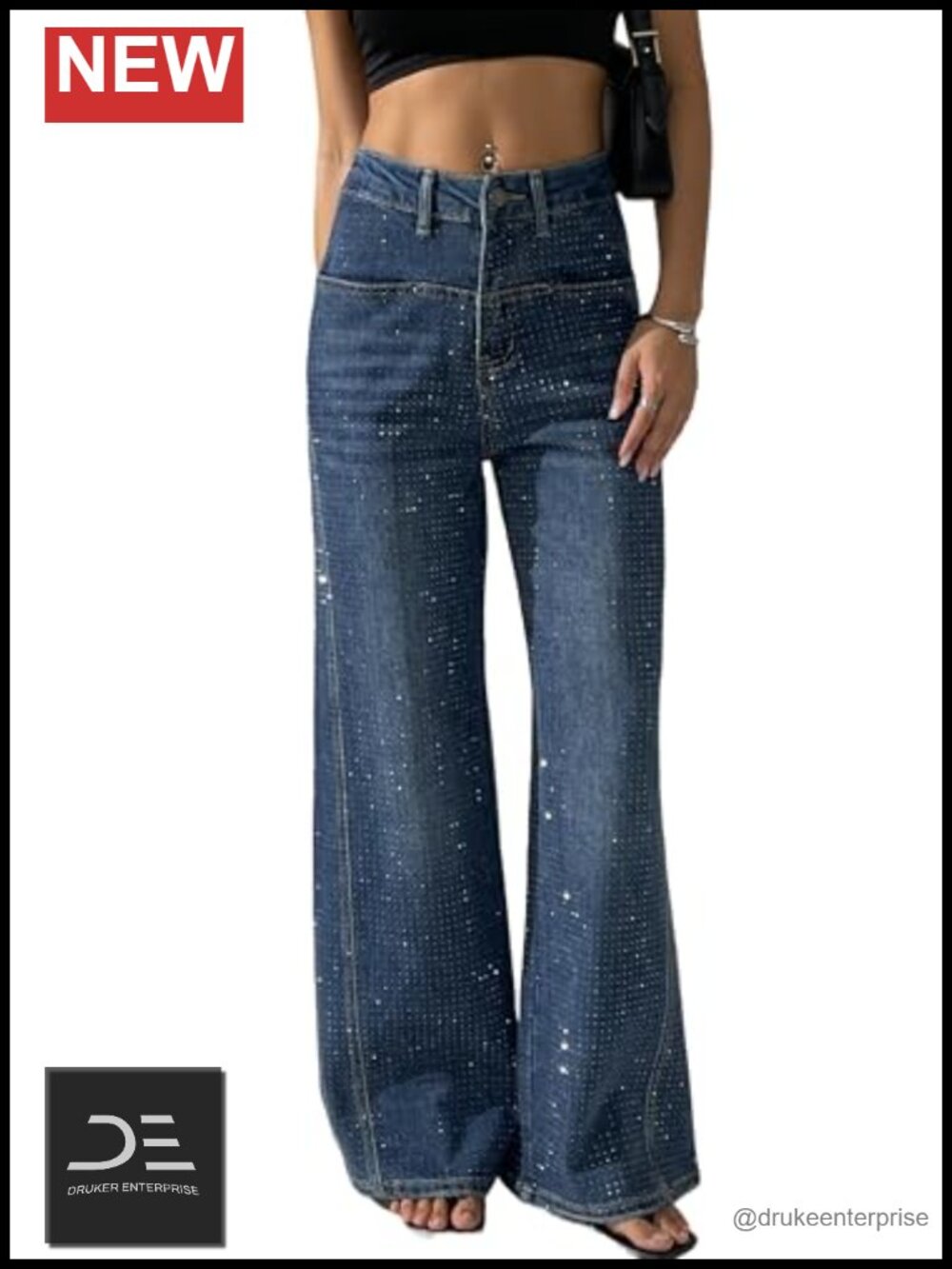 High Waist Rhinestone Flare Jeans - Sparkly Sequin Denim - Wide Leg Sparkle